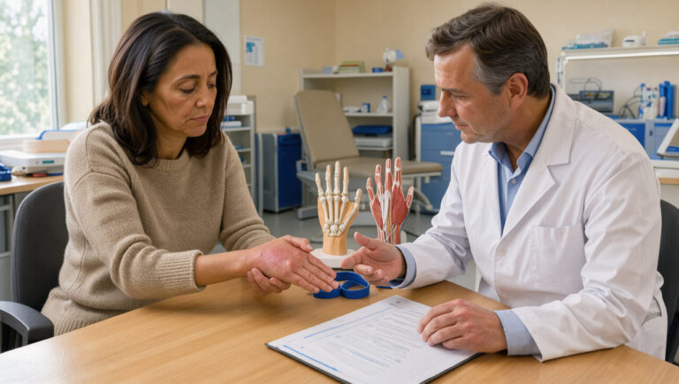 Une femme examine sa main légèrement gonflée aux côtés d’un médecin dans une clinique de rééducation, avec du matériel de soins et de physiothérapie.