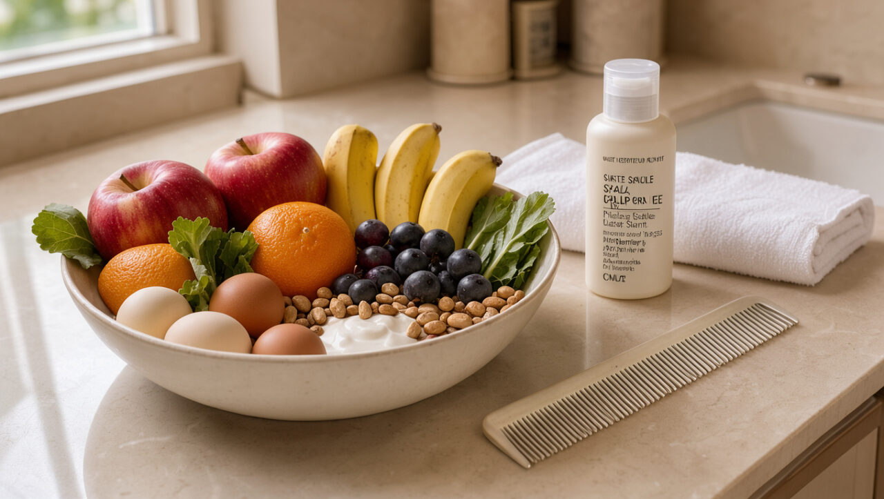Bol d’aliments variés et nutritifs disposé près d’un peigne fin et d’accessoires de soin du cuir chevelu, évoquant le confort et la prévention contre les poux.