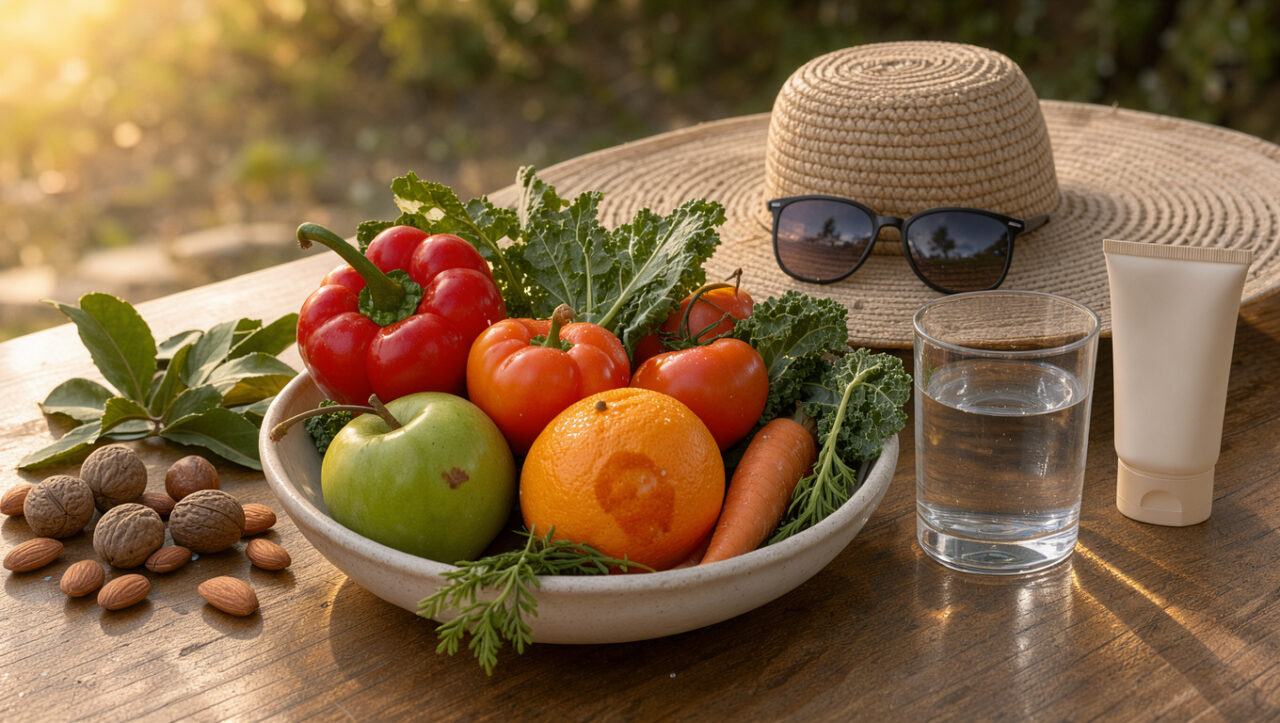Nature morte lumineuse réunissant des fruits, des légumes, des noix, de l’eau, une crème solaire, un chapeau à larges bords et des lunettes de soleil pour illustrer l’alimentation saine et la prévention cutanée.