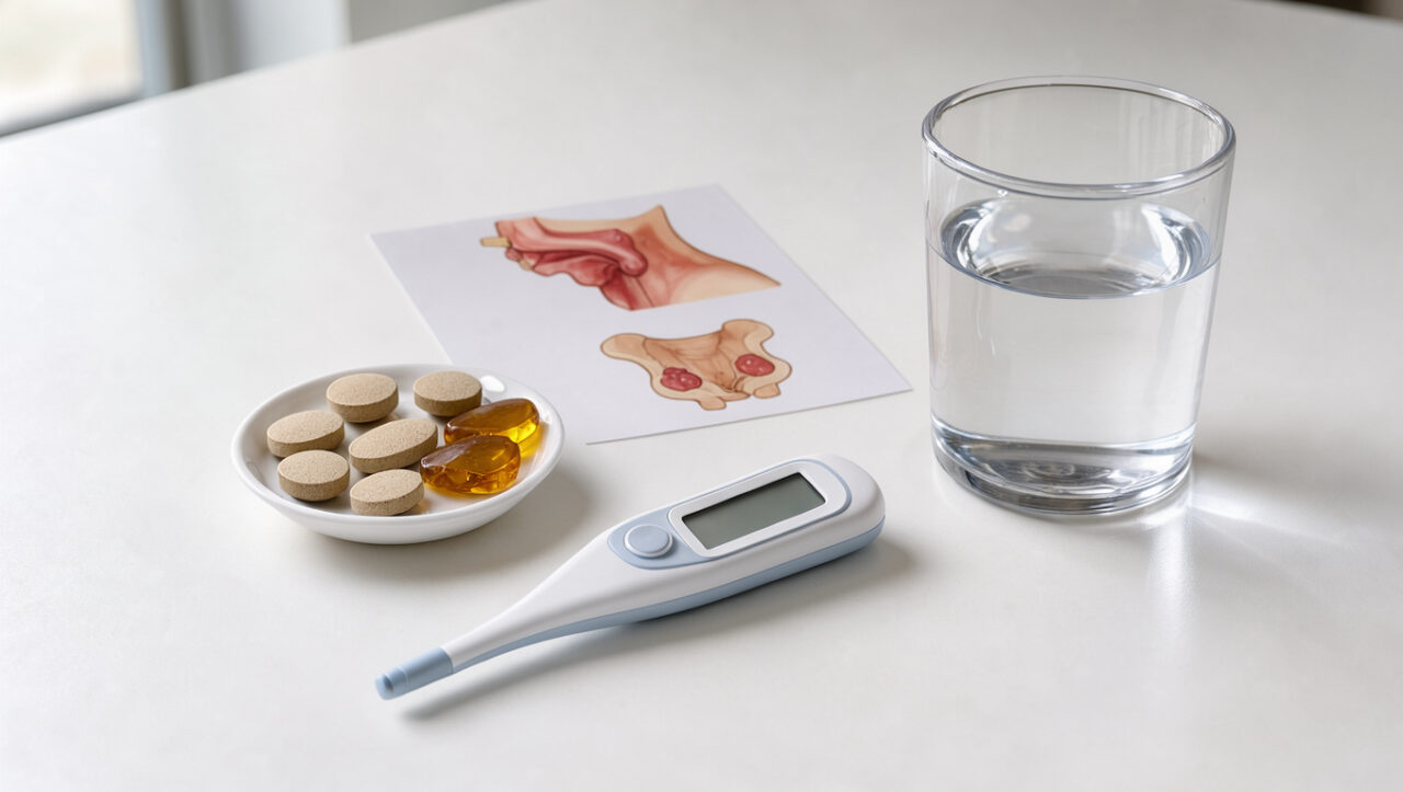 Nature morte médicale avec thermomètre, pastilles pour la gorge, verre d’eau et illustration anatomique discrète évoquant une angine et des hémorroïdes.