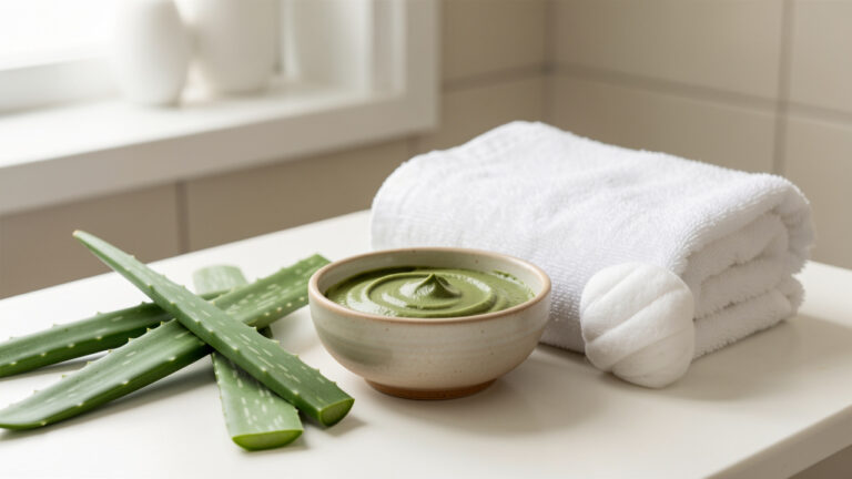 Bol de pâte d’argile verte accompagné de feuilles d’aloe vera, de compresses en coton et d’une serviette blanche dans une ambiance de soin doux.