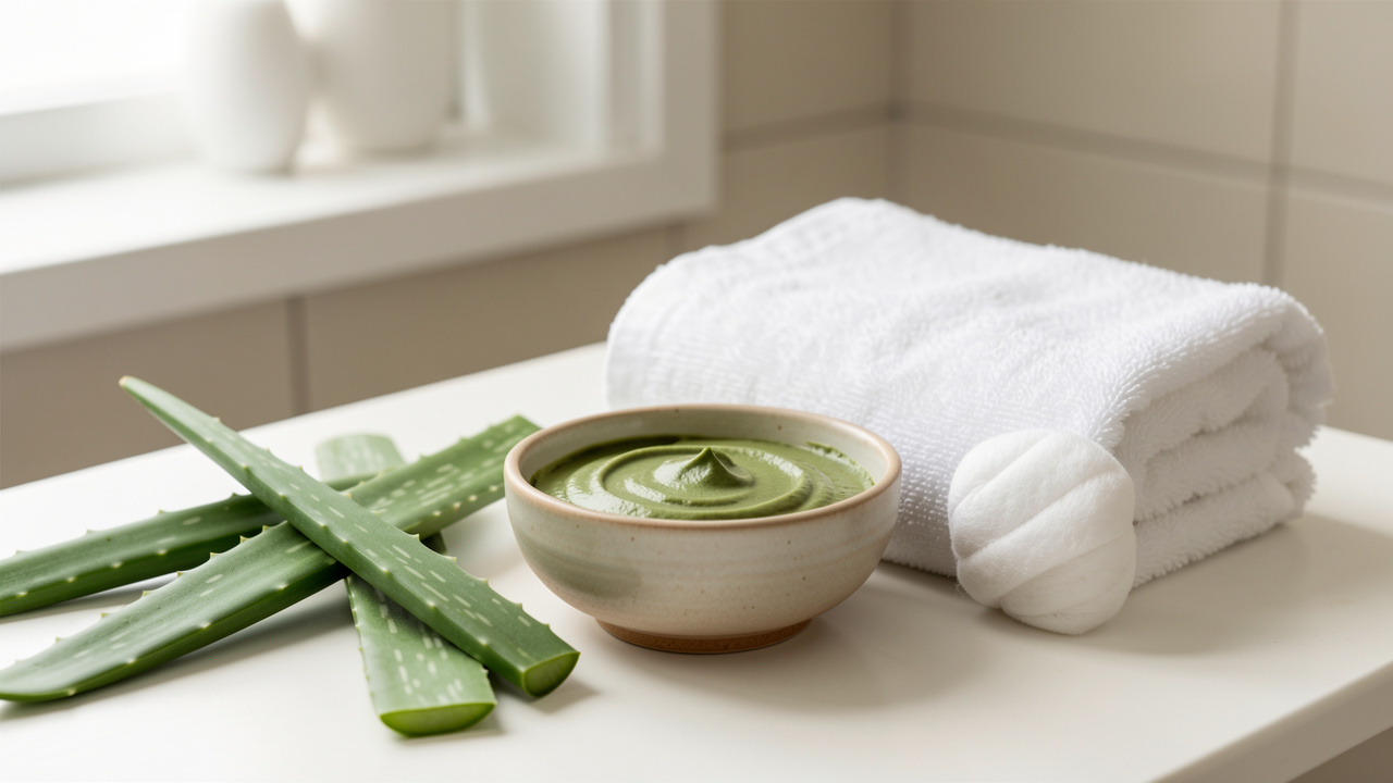 Bol de pâte d’argile verte accompagné de feuilles d’aloe vera, de compresses en coton et d’une serviette blanche dans une ambiance de soin doux.