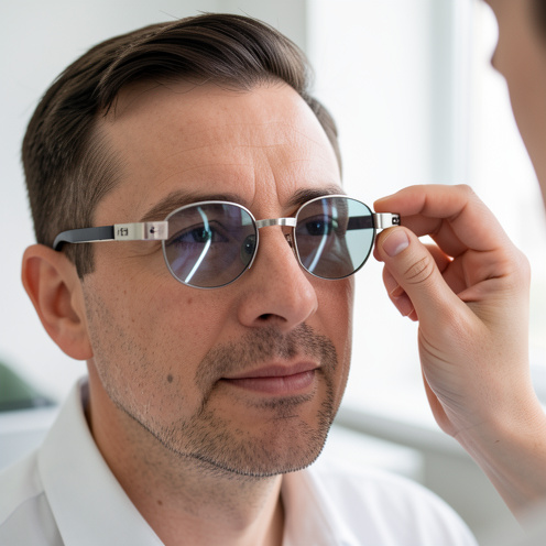 Un homme adulte examiné par un optométriste lors d’un test de vision avec une monture d’essai et des verres correcteurs.