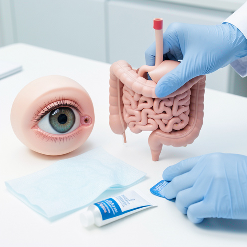 Composition médicale sobre présentant un modèle anatomique de l’œil et du système digestif, avec une compresse froide, de la gaze stérile et un tube de pommade sans inscription pour illustrer les traitements et précautions.