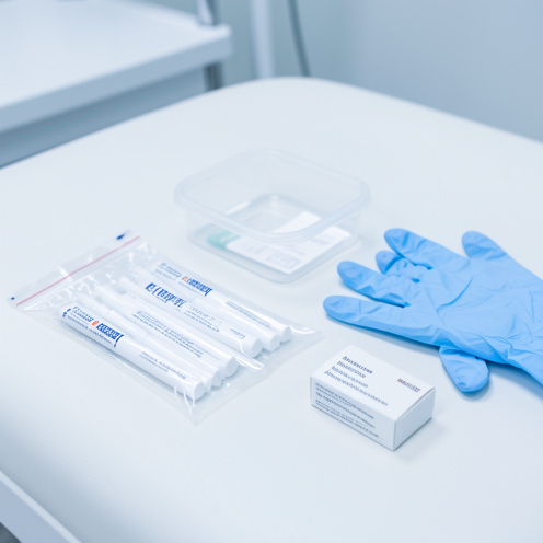 Matériel médical stérile disposé sur une table d’examen pour le dépistage et le traitement de la chlamydia.
