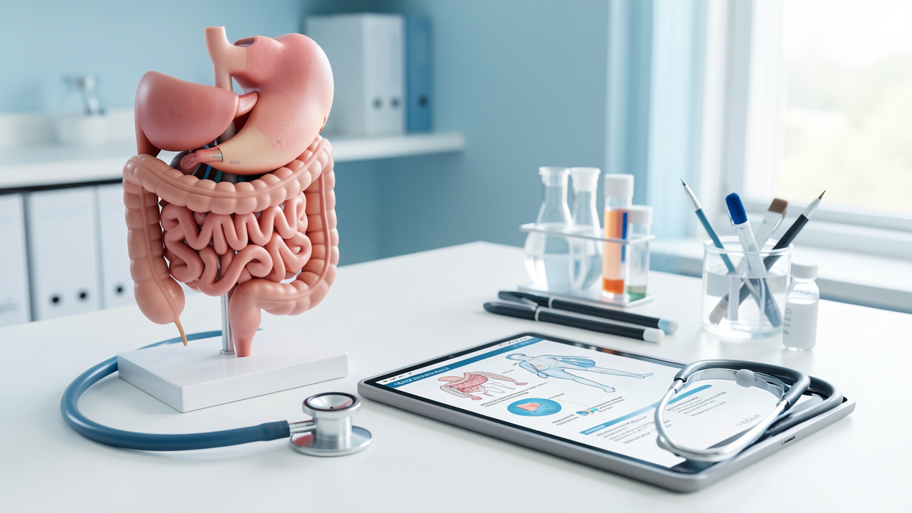 Scène médicale lumineuse présentant un modèle anatomique du système digestif inférieur, un stéthoscope et des outils de santé, évoquant l’information et les conseils fiables.