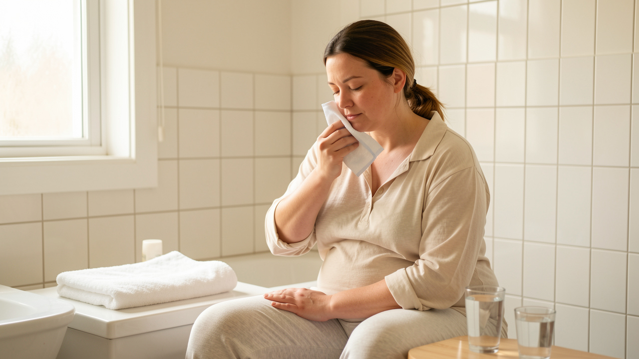 Femme récemment accouchée en tenue confortable utilisant une compresse fraîche dans une salle de bain lumineuse, illustrant le soulagement et les soins personnels.
