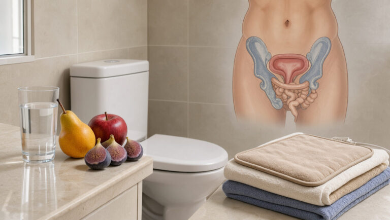 Illustration médicale douce montrant un environnement de salle de bain, de l’eau, des aliments riches en fibres et une représentation anatomique discrète de la région pelvienne pour évoquer l’inconfort urinaire et digestif.