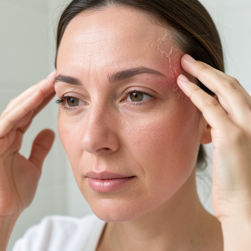 Gros plan d’une femme examinant de légères rougeurs et des squames fines près de la ligne des cheveux et du nez.