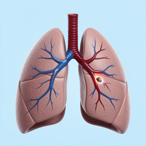 Illustration médicale en 3D des poumons et des artères pulmonaires, montrant une obstruction localisée dans une artère et une circulation sanguine réduite.
