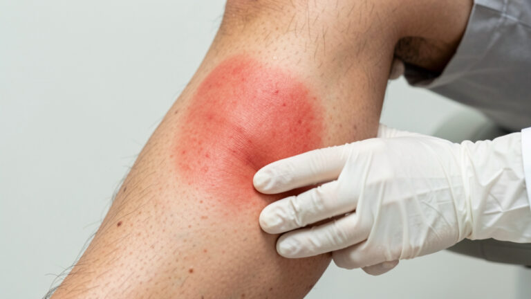Gros plan d’une jambe présentant une plaque rouge et légèrement gonflée, caractéristique d’une infection cutanée, examinée dans un contexte médical.