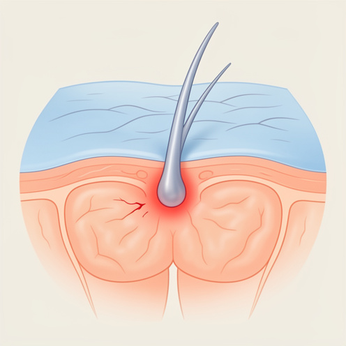 Illustration médicale non graphique montrant une inflammation localisée d’un follicule cutané dans la région fessière, avec les couches de la peau visibles.