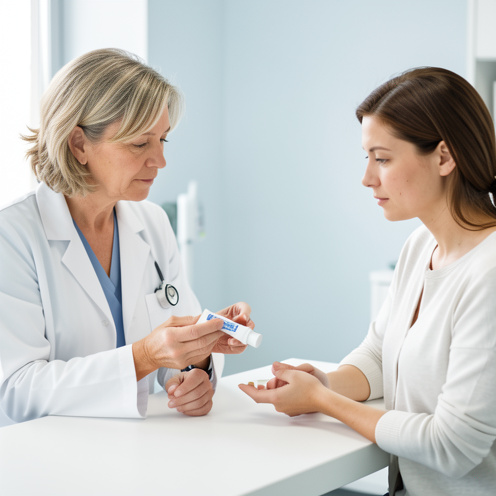 Consultation médicale discrète entre une dermatologue et une patiente au sujet d’une irritation cutanée, avec une crème dermatologique posée sur la table d’examen.
