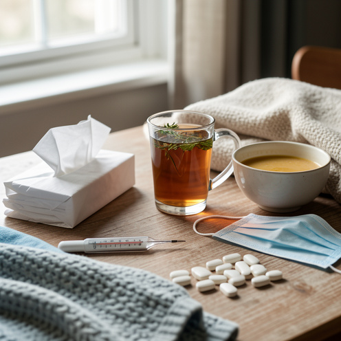 Scène de soins à domicile avec thermomètre, mouchoirs, boisson chaude, soupe, masque et médicaments non identifiables, dans une lumière douce.