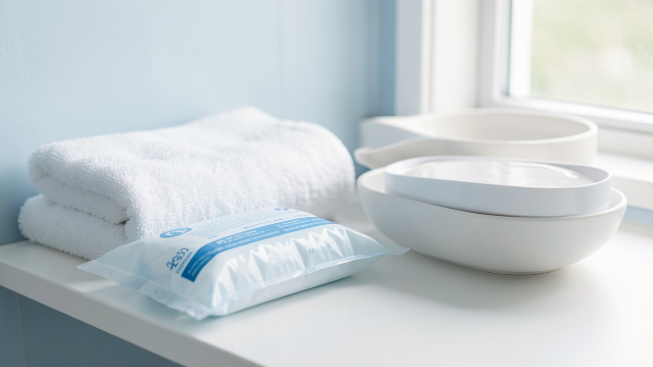 Accessoires de soins disposés dans une salle de bain lumineuse pour évoquer le soulagement et l’autogestion d’un inconfort lié aux hémorroïdes externes.