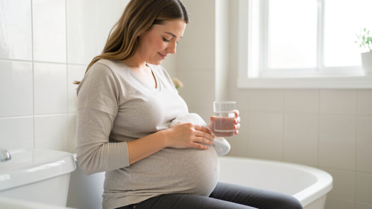 Femme enceinte assise confortablement dans une salle de bain lumineuse, tenant une compresse chaude et un verre d’eau pour illustrer les gestes de confort.