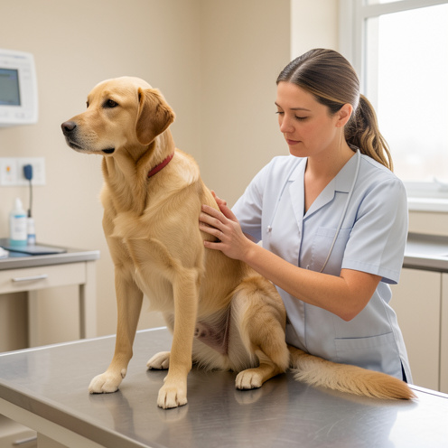 Un chien calme est examiné avec douceur par une vétérinaire dans une clinique propre et moderne.