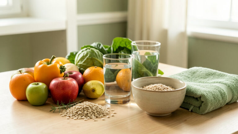Composition de bien-être avec fruits, légumes, céréales complètes, eau et accessoires évoquant une prise en charge naturelle et attentive du confort digestif.