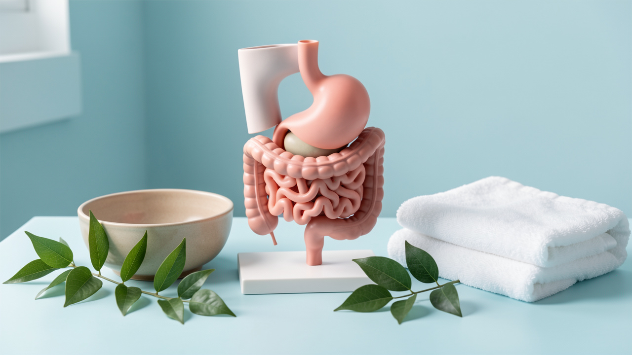 Nature morte médicale évoquant le confort digestif, avec un modèle anatomique du système digestif, des feuilles végétales et des serviettes blanches dans une ambiance clinique douce.