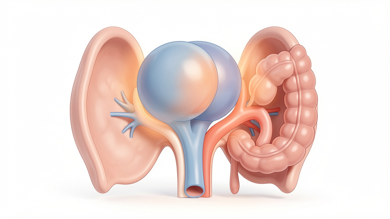 Illustration médicale claire montrant les voies urinaires inférieures et les structures digestives voisines, avec des zones de gêne mises en évidence dans le bassin.