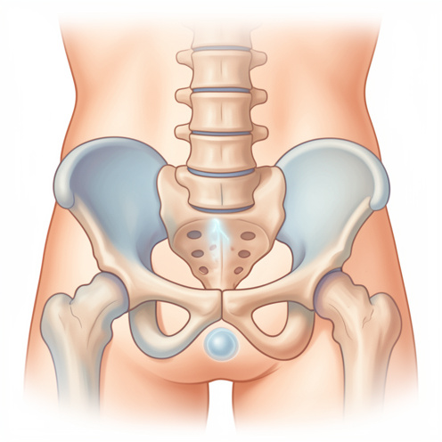 Illustration médicale non graphique montrant la région sacrococcygienne avec une mise en évidence discrète d’un kyste pilonidal sous la peau.