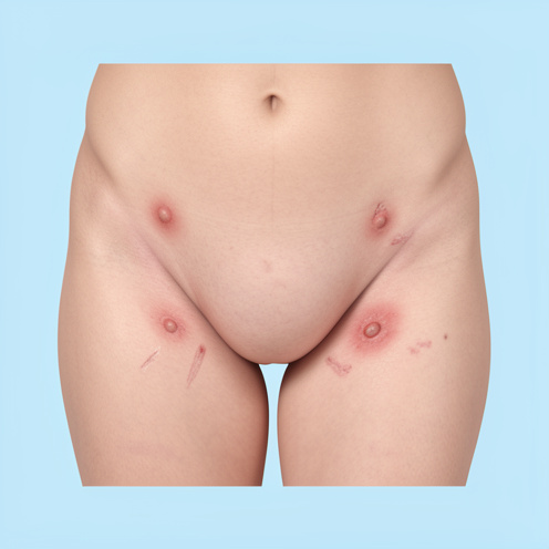 Illustration médicale non graphique montrant des nodules inflammatoires autour de la région périnéale, dans un objectif d’information dermatologique.