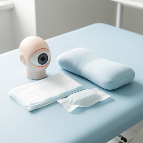 Nature morte médicale montrant un modèle d’œil anatomique, des compresses stériles, une compresse chaude et un coussin médical dans un environnement clinique propre.