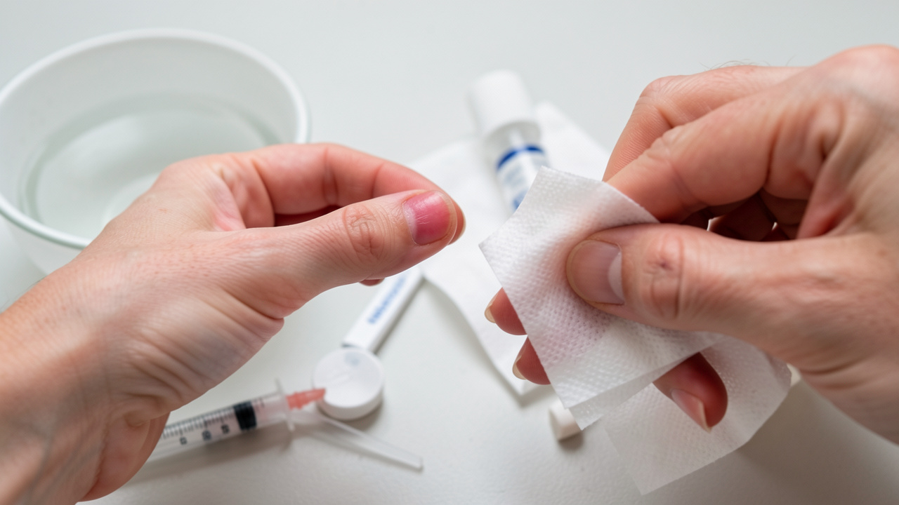 Gros plan sur un doigt légèrement rouge et gonflé, nettoyé délicatement avec une compresse stérile dans un environnement médical propre.