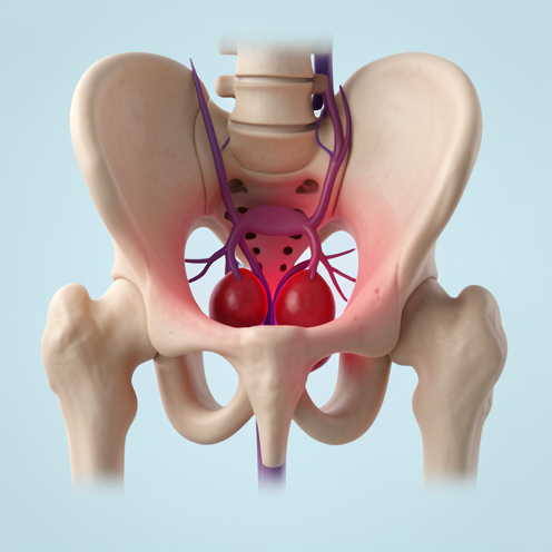 Illustration médicale en trois dimensions montrant une inflammation localisée d’une veine hémorroïdaire dans la région rectale.