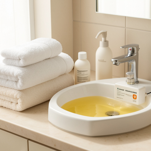 Scène de salle de bains propre et apaisante avec des serviettes en coton, de l’eau tiède et des produits de soin doux évoquant l’hygiène et le soulagement des irritations.