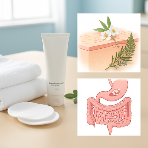 Nature morte médicale apaisante illustrant la compréhension des symptômes du psoriasis et des hémorroïdes, avec des soins doux, des serviettes blanches et des éléments de santé dans un environnement clinique.
