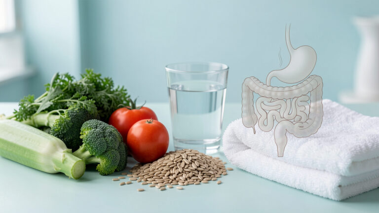 Composition médicale douce montrant des aliments riches en fibres, un verre d’eau, une serviette et une illustration anatomique non graphique du système digestif inférieur.