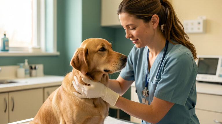 Une vétérinaire examine doucement un chien calme dans une clinique propre et lumineuse, illustrant des soins animaliers sûrs et une consultation vétérinaire.
