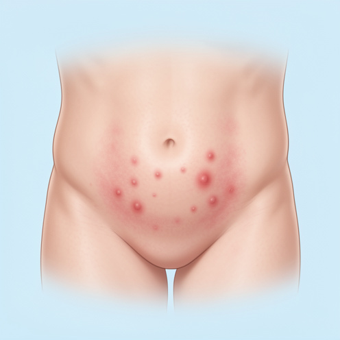 Illustration médicale non graphique montrant une irritation bactérienne superficielle et de petites lésions inflammatoires sur la peau autour de l’anus.