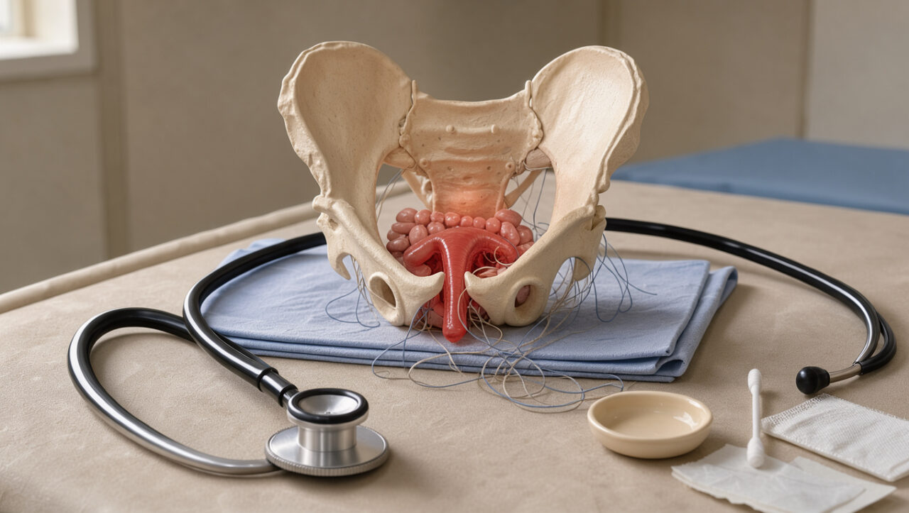 Nature morte médicale représentant l’inflammation et la tension relationnelle associées à un inconfort hémorroïdaire.