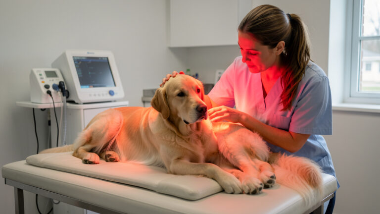 Un chien golden retriever reçoit une séance de thérapie infrarouge auprès d’une vétérinaire dans une clinique animalière propre et moderne.