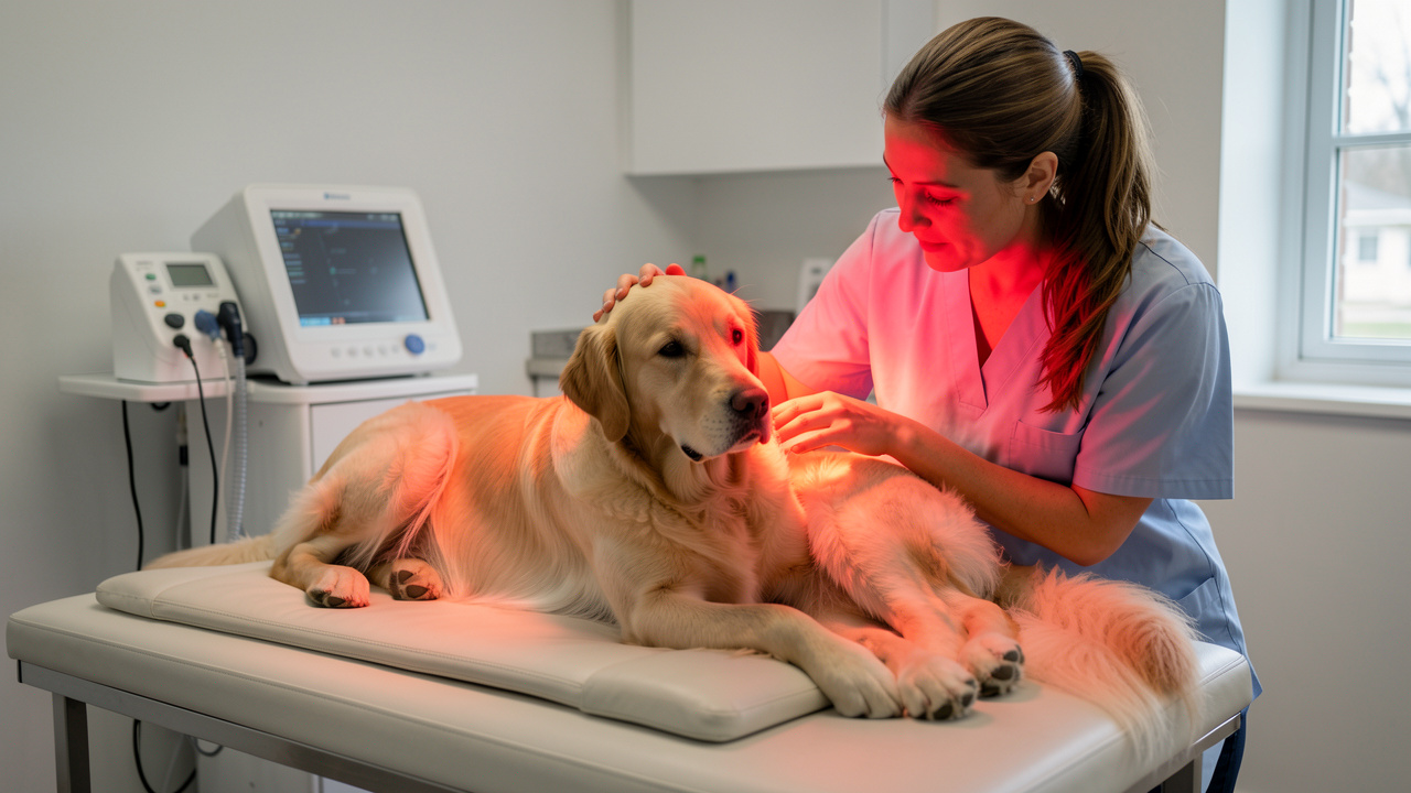 Un chien golden retriever reçoit une séance de thérapie infrarouge auprès d’une vétérinaire dans une clinique animalière propre et moderne.