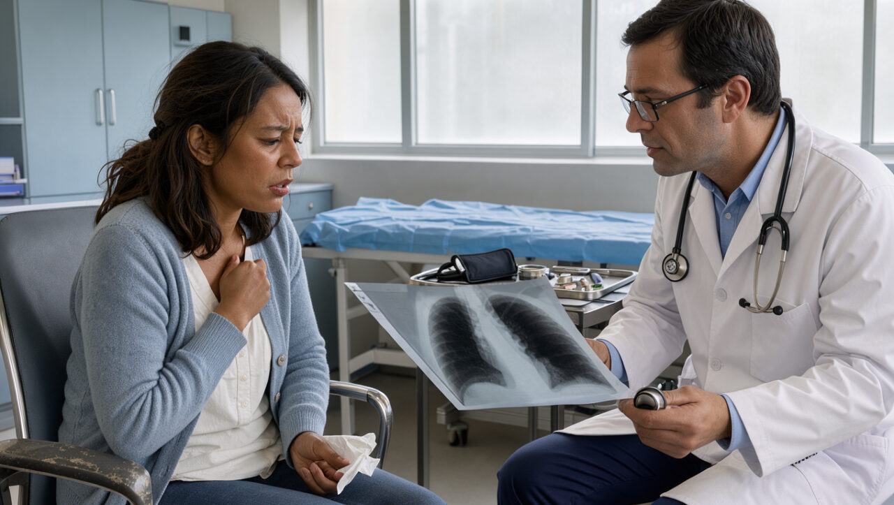 Une femme consulte un médecin dans une clinique respiratoire, avec une radiographie thoracique et un stéthoscope illustrant l’évaluation des symptômes et le diagnostic de la tuberculose.