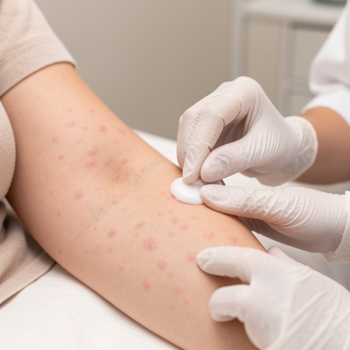 Gros plan sur l’avant-bras d’une femme présentant de légères plaques rosées d’urticaire, examiné par une dermatologue qui applique une crème apaisante.