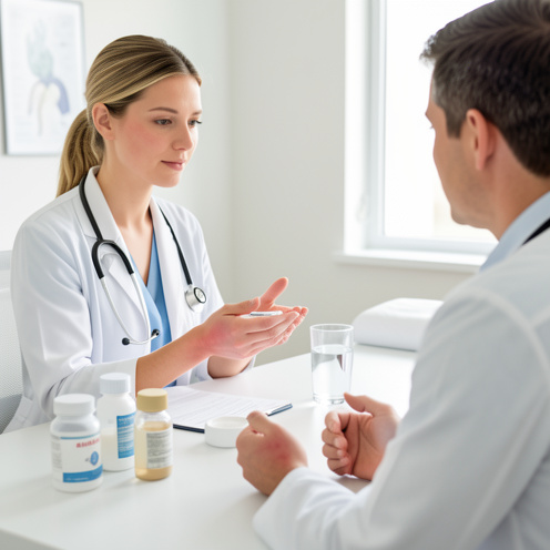 Consultation médicale montrant une médecin expliquant à un patient les symptômes, les traitements et les précautions liés au zona et aux hémorroïdes.